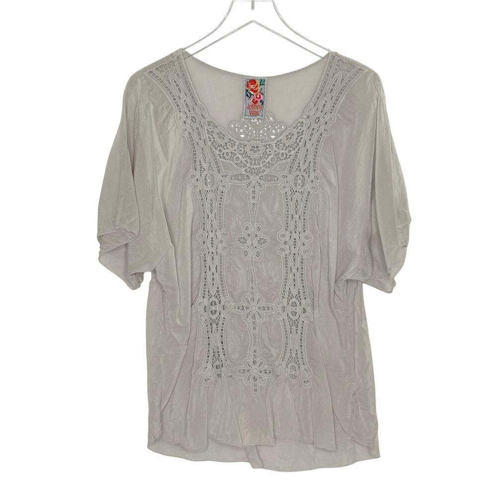Johnny Was Gray Lightweight Boho Crochet Panels Scoop Neck Tunic Top L *flaw